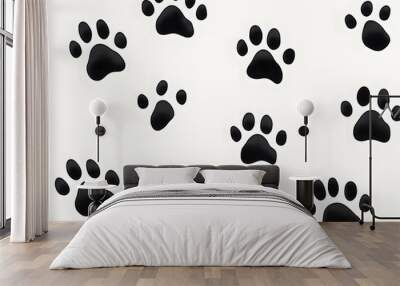 Seamless pattern of black dog paw prints on a white background Wall mural