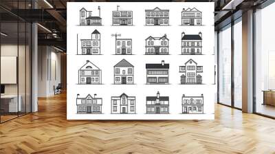 Set of outline vector icons modern house exterior isolated on a white background Wall mural