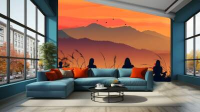 Silhouettes of people doing yoga poses against the background of a sunset,yoga day Wall mural