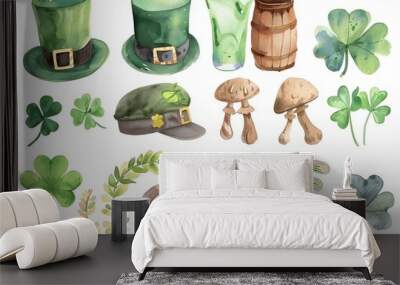 st patricks day clipart collage, watercolor illustrations, white background Wall mural