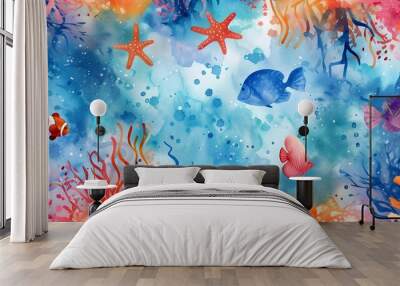 watercolor background underwater life seamless pattern. Wall mural