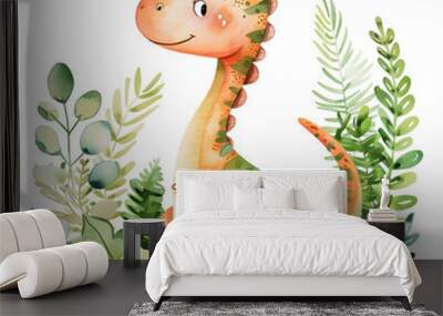 watercolor cute and adorable baby dinosaur transparent background Wall mural