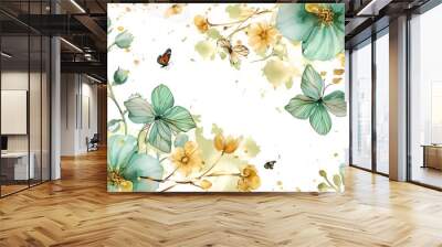 watercolor green flowers and butterfly clipart Wall mural