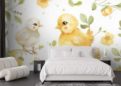 yellow easter chick seamless pattern, cute baby chicks, white background Wall mural