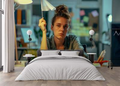 Burnt Out White Woman Waving White Flag at Work Quiet Quitting Wall mural