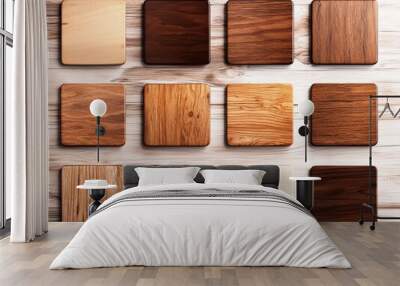 A grid of wooden samples showcasing various textures and colors, highlighting the beauty of natural woodgrain. Wall mural