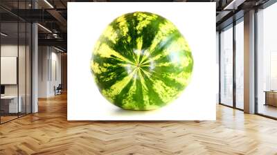 A whole green striped juicy ripe sweet natural watermelon isolated on white. Useful vitamins in summer. Seasonal fruits and berries. Wall mural