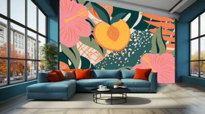 Modern peach floral collage. Exotic tropical leaves with fruits create a horizontal poster for interior decor design.  Wall mural