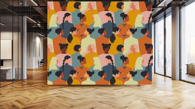 Women together in the fight for equality form a seamless pattern consisting of people of different nationalities.  Wall mural