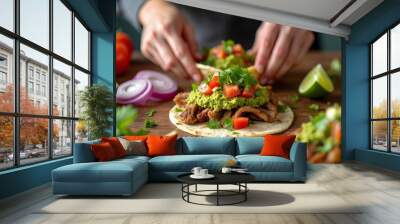 Chef preparing healthy Taco fast food , Tacos Food on table, Delicious healthy taco food, set of tacos food, healthy taco fast food, generative with ai. food presention. Wall mural