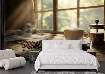 a steaming cup of coffee on a rustic wooden table Wall mural