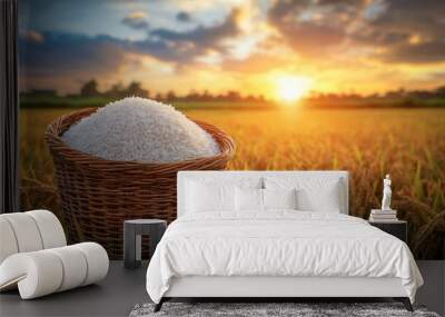 a wicker basket filled with white rice Wall mural