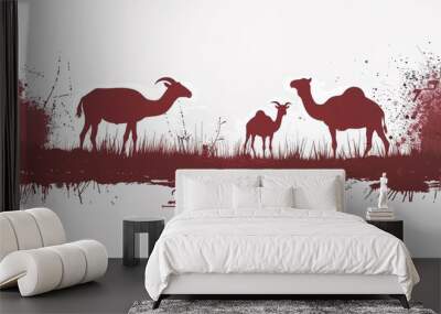 Eid al adha greeting card with a goat silhouette and silhouettes of two camels Wall mural