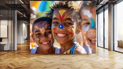 Group of kids having fun at a face painting booth with colorful designs Wall mural