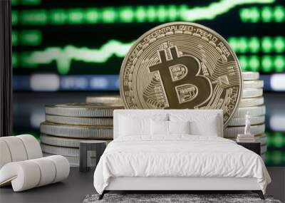 pile of bitcoins on a reflective surface Wall mural