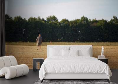 A man and a dog walk along a mowed field of wheat, a golden stubble after harvest. Wall mural