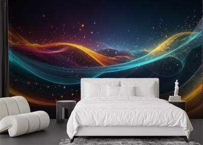 An abstract depiction of a musical concept where musical staves are transformed into waves symbolizing sound. Wall mural