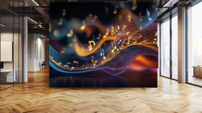 An abstract depiction of a musical concept where musical staves are transformed into waves symbolizing sound. Wall mural