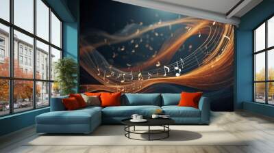 An abstract depiction of a musical concept where musical staves are transformed into waves symbolizing sound. Wall mural