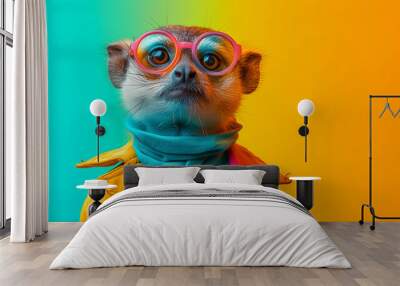 A meerkat dressed in bright colors, posing with oversized glasses Wall mural