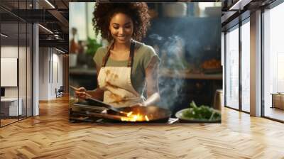 A black woman cooking pasta. Happiness. Mother, wife preparing family dinner. Wall mural