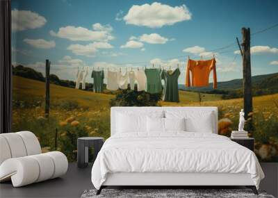 Freshly washed clothes hanging on a clothesline over green field. Fresh air. Yellow flowers. Clear blue sky with white clouds.  Wall mural