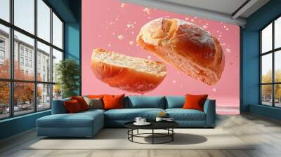 Levitating brioche cut sliced, separated, pastel pink color background, professional photography, minimalism, negative space. Wall mural