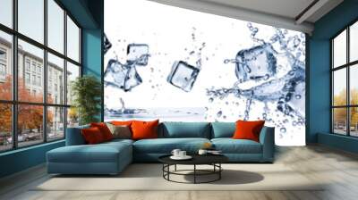 flying ice cubes splash isolated on white background. Generative AI. Wall mural