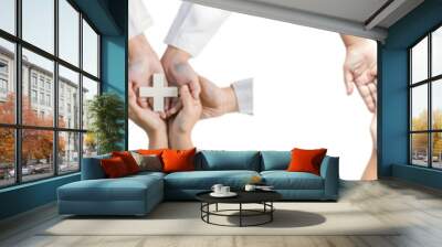 Health insurance and medical welfare concept. people hands holding plus symbol and healthcare medical icon isolated on white background. Generative AI. Wall mural