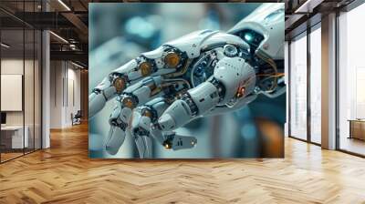 Close-up of robotic hand with multiple articulated fingers grasping small metallic objects Wall mural