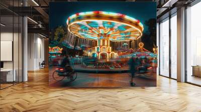 Colorful amusement park with spinning carousel and vibrant lights at night Wall mural