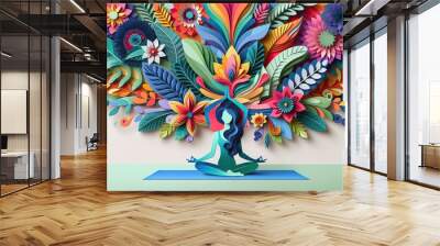 Colorful paper art yoga meditation with flowers and leaves illustration Wall mural