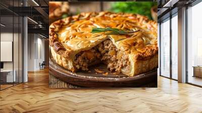 Homemade meat pie with flaky crust on a rustic table with garnish Wall mural