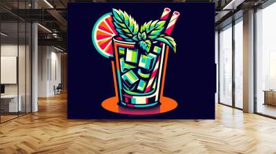 Illustration of a vibrant cocktail with mint leaves, ice cubes, and a slice of citrus, garnished with two straws on a dark background Wall mural