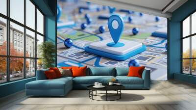 Map with blue location pins and mobile device in a digital navigation concept local SEO Wall mural