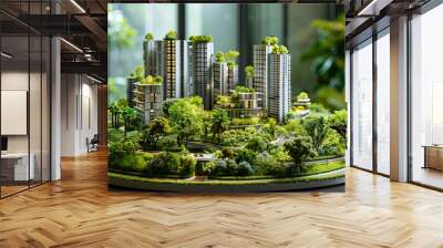 Miniature model of a modern green eco-friendly city with skyscrapers and parks, sustainable living Wall mural