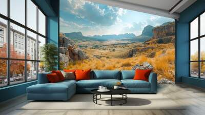 Scenic desert landscape with rocky formations under a blue sky Wall mural