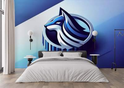 Stylized blue wolf head illustration in circular frame with flowing lines creating a fierce yet elegant lupine logo design concept Wall mural