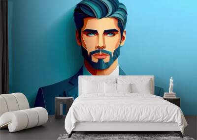 Stylized portrait of caucasian businessman with blue hair and beard Wearing blue suit and red tie Serious expression Blue background Modern art style Wall mural