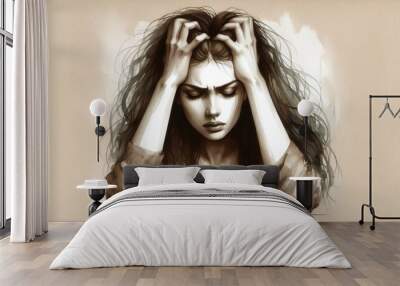 Watercolor illustration of a woman with long hair holding her head in distress workload upset Wall mural