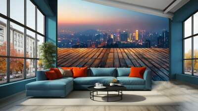 Wide wooden deck overlooking city skyline sunset lights reflection evening scenic view Wall mural