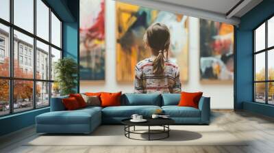 Young girl viewing abstract paintings in an art gallery Wall mural