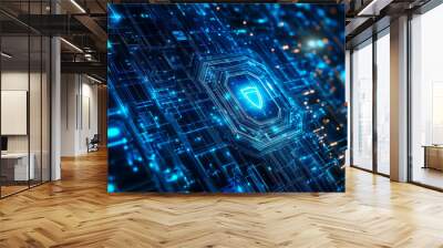 A 3D icon of a security shield logo, symbolizing protection, safety, and password security. This vector illustration represents concepts of internet privacy, cyber protection, and antivirus, emphasizi Wall mural