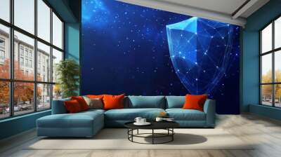 A blue, starry night sky with a shield made of triangles.  The shield represents safety and security. It's a modern, digital design.low poly vector illustration. Wall mural