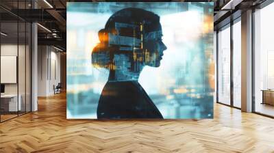 a double exposure image of a businesswoman combined with a big data concept, showcasing a digital ne Wall mural