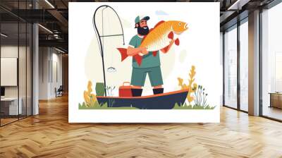 A fisherman proudly holds a big fish in his hands, showcasing his impressive catch. The scene is depicted with a humorous touch, featuring a funny character with an exaggerated expression of joy. This Wall mural