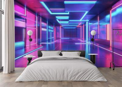 A futuristic architecture studio with bright LED lights and cube-shaped walls. This 3D rendering shows a full panoramic view, perfect for virtual reality experiences. Wall mural