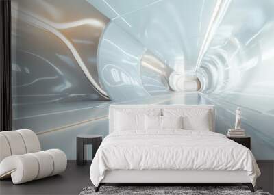 A futuristic hallway inside a building, shown in a 3D image that makes you feel like you're actually there. It's a full 360-degree view, with a modern, abstract design. Wall mural