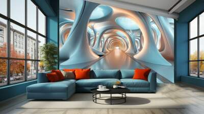 A futuristic hallway inside a building, shown in a 3D image that makes you feel like you're actually there. It's a full 360-degree view, with a modern, abstract design. Wall mural