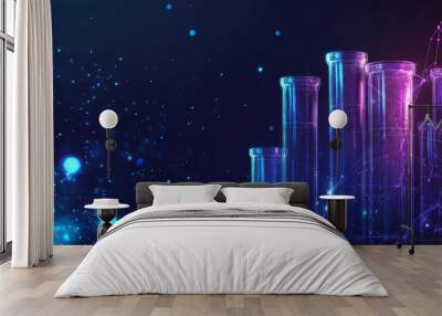 A group of test tubes are shown against a dark background, looking like a starry sky. The image uses lines and points to create a futuristic, geometric look.low poly vector illustration. Wall mural